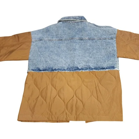 RIVIR Denim Quilted Combo Jacket Camel Blue Size S Button Front Long Sleeve - Picture 2 of 4